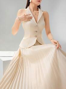 Modelyn 2 pezzi set donna: top senza maniche con bottoni sul davanti e gonna tinta unita - Albicocca - Visualizzare 1