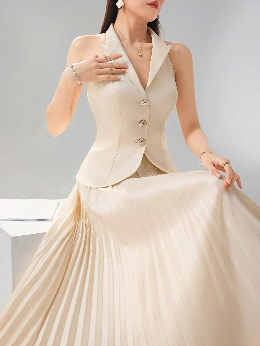 Modelyn 2 pezzi set donna: top senza maniche con bottoni sul davanti e gonna tinta unita - Albicocca - Visualizzare 1