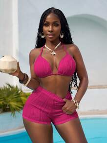 Slaydiva Bộ bikini 2 món: Áo ngực tam giác buộc dây và quần short, Đồ bơi đi biển thời trang mùa hè - Màu Hồng Tươi - Xem 3