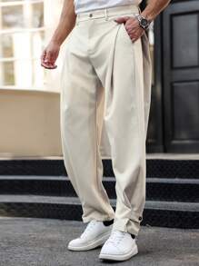 Manfinity Mode Men's Solid Color Slit Pocket Pleated Tapered Side Cutout Design Suit Pants, Suitable For Friends, Boyfriend Gifts Men Clothing Men Pants Men Designer Pants Loose Pants For Men Clothes For Men Men Pants Men Men Pants - Apricot - View 3