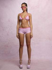 SUMWON WOMEN Bộ đồ bơi bikini in họa tiết tam giác, quần đùi ngắn, đồ bơi đi biển, đồ bơi đi biển, bộ sưu tập mùa hè, đồ bơi đi biển, đồ bơi đi biển, đồ bơi đi hồ bơi - Hồng - Xem 7