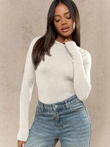 MISSGUIDED Ribbed Long Sleeve Bodysuit Classic Form-Fitting Basic Layer Slim Fit Crew Neck Fall Winter Essential Workwear Office Casual Everyday Wear Stretchy Comfort