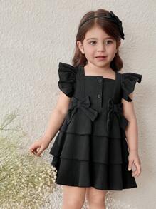 Blossori Baby Girls' French Elegant Black Woven Dress, Spring/Summer - Black - View 1