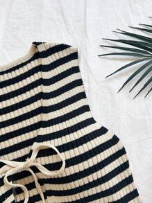 Soleia Women Casual Stripe Drawstring Knit Top + Shorts Set