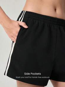 GLOWMODE Soft Comfortable Contrast Color Side Pockets Terry Shorts Daily Casual Wear - Black - View 3