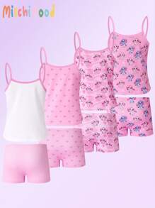 SHEIN 4件套女童可爱兔子爱心印花吊带背心和三角裤内衣套装，粉色系列 - 彩色 - 查看 2