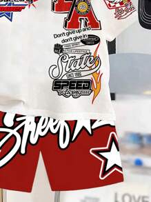 SHEIN 青少年男孩休闲卡通图案圆领短袖 T 恤和短裤两件套，适合夏季