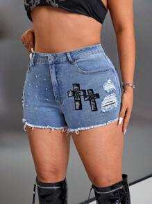 SHEIN ICON Women Plus Size Washed Blue 3D Printed Denim Shorts Shorts Jeans Woman Summer Shorts Summer For Women Festival - Medium Wash - View 1