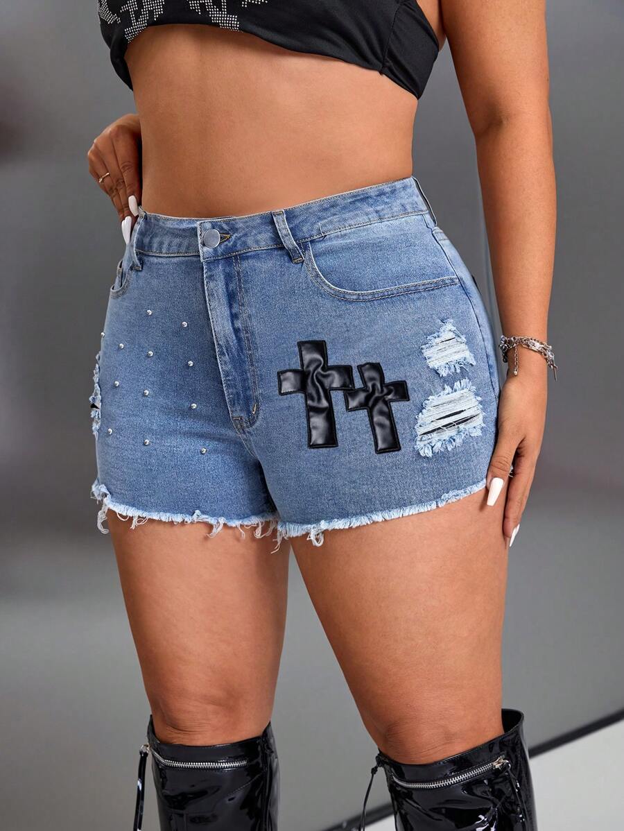 SHEIN ICON Women Plus Size Washed Blue 3D Printed Denim Shorts Shorts Jeans Woman Summer Shorts Summer For Women Festival - Medium Wash - View 1