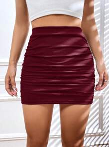 SHEIN Essnce Váy bó xếp ly nhún bèo màu trơn mùa hè cho nữ - Màu Đỏ Sâu - Xem 5