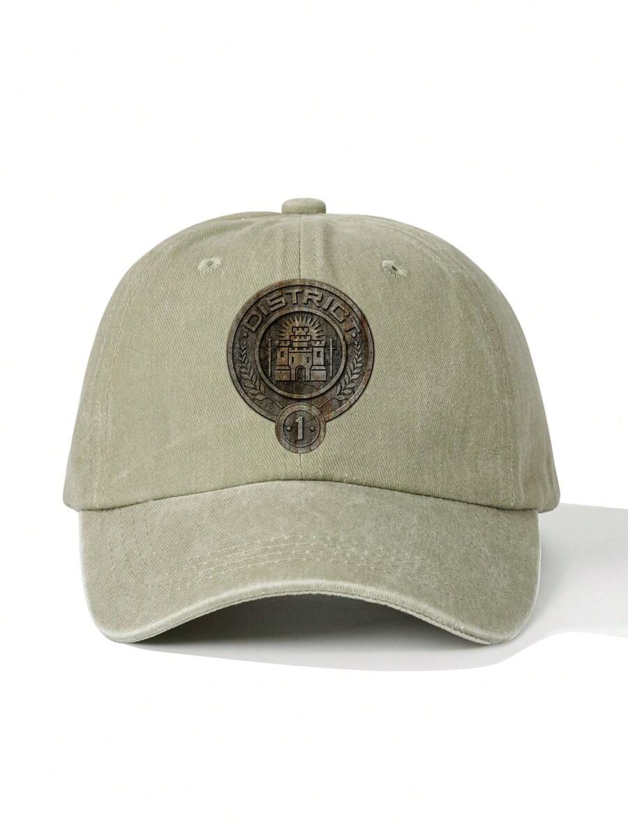 The Hunger Games X SHEIN Geometric & Letter Printed Washed Baseball Cap, Fashion - Khaki - View 1