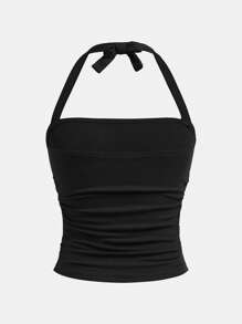 Girlism 青少年女孩百搭、休闲、百搭、吊带、荷叶边、蝴蝶结装饰修身吊带背心，适合春夏季 - 黑色 - 查看 2