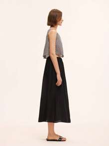 SHEIN Unity 2 pièces Ensemble décontracté de vacances pour femmes, top court carreauté en polyester/coton et jupe longue en coton pur, décontracté et confortable - Noir - Voir 7