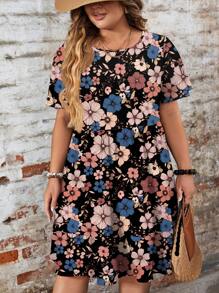 EMERY ROSE Casual Minimalist Floral Print Loose Fit Round Neck Short Sleeve Plus Size Dress, Suitable For Spring And Summer - Multicolor - View 5