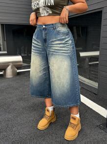 SHEIN ICON Women Plus Size High Waist Loose Pocket Capri Wide Leg Casual Jeans