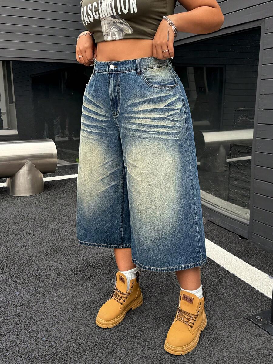 SHEIN ICON Women Plus Size High Waist Loose Pocket Capri Wide Leg Casual Jeans