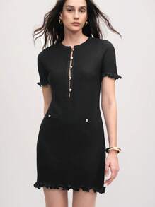 Aveloria Vestido de malha slim fit de renda preta de luxo francês