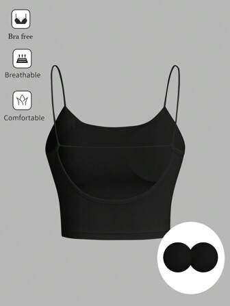 SHEIN Essnce 女式休闲露背短款上衣，紧身圆领，带衬垫，内置胸垫，胸杯，胸垫可拆卸衬垫，胸垫不可拆卸衬垫，丁字紧身胸衣上衣，胸罩，黑色紧身胸衣上衣，紧身胸衣上衣，纯色褶皱衬垫吊带背心