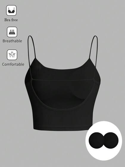 SHEIN Essnce 女式休闲露背短款上衣，紧身圆领，带衬垫，内置胸垫，胸杯，胸垫可拆卸衬垫，胸垫不可拆卸衬垫，丁字紧身胸衣上衣，胸罩，黑色紧身胸衣上衣，紧身胸衣上衣，纯色褶皱衬垫吊带背心