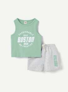 Cozy Pixies 2pcs Baby Boy Letter Print Crew Neck Sleeveless Tank Top And Casual Shorts Set - Multicolor - View 2