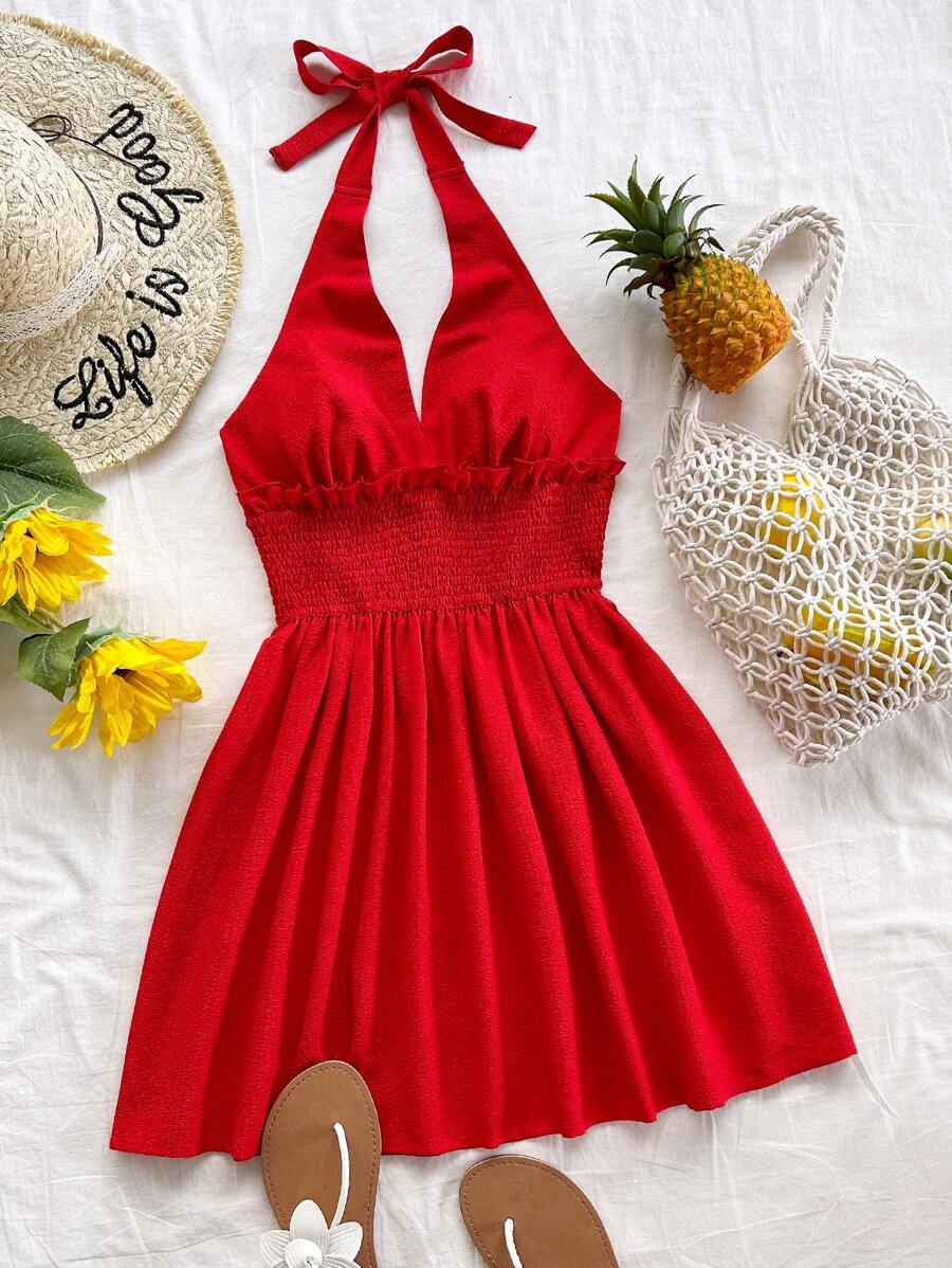 Soleia 女士 V 领迷你沙滩裙、度假、音乐节、夏季服装、波西米亚风、红色、下午茶