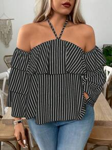 SHEIN LUNE Plus Size Black & White Striped Sleeveless Tank Top, Casual & Slimming Design - Black and White - View 4
