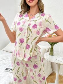 CottageSlumber Set pigiama con top a maniche corte e pantaloni, con stampa floreale, splendore floreale abbondante - Multicolore - Visualizzare 7
