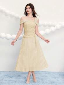 Poshira Women Jacquard Gathered Waist Pleated Cocktail Dress, Party Dress, Prom Dress - Apricot - View 1