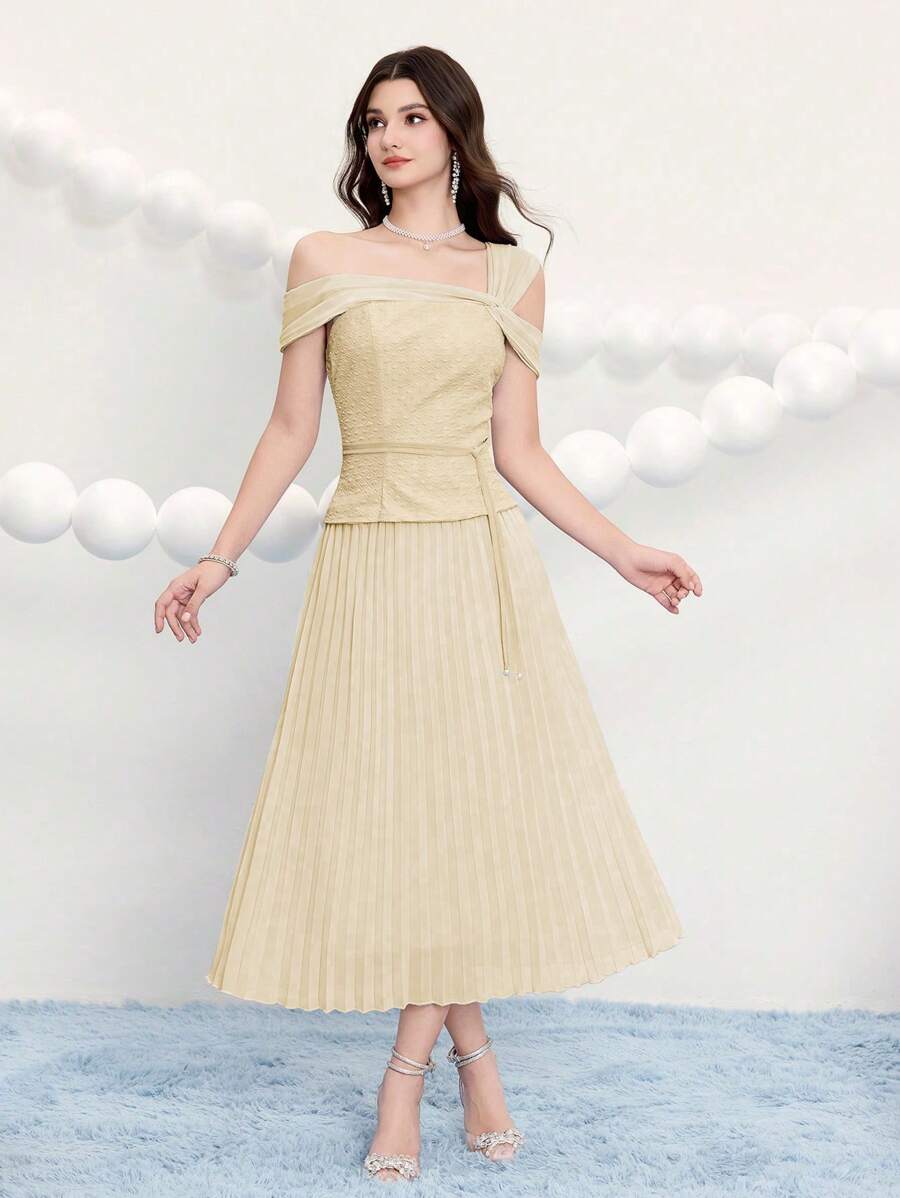 Poshira Women Jacquard Gathered Waist Pleated Cocktail Dress, Party Dress, Prom Dress - Apricot - View 1
