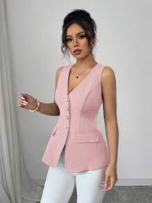 Elenzga Camicia elegante da donna senza maniche e senza colletto, casual e adatta per l'ufficio, di colore unito con scollo a V, decorazioni con bottoni effetto perla, aderente