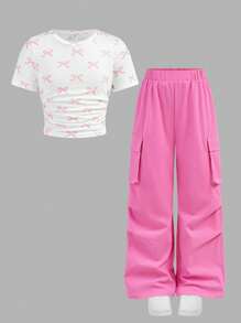 2pcs/Set Tween Girls Cute Bow Allover Printed T-Shirt & Loose Long Pants Set - Pink - View 11