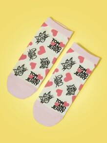 TOM & JERRY X SHEIN 1 Pair Women's Cute Cartoon Heart & Cat Pattern Ankle Socks - Multicolor - View 2