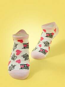 TOM & JERRY X SHEIN 1 Pair Women's Cute Cartoon Heart & Cat Pattern Ankle Socks - Multicolor - View 3