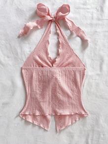 Soleia Women's Casual Solid Color Textured Twist Halter Top, Summer,Rave Top - Pink - View 2