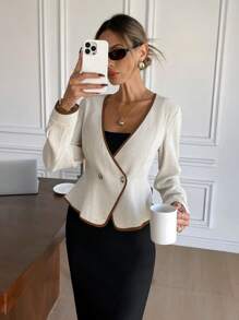 SHEIN Frenchy Women's Long Sleeve Elegant Blazer With Double Rows Of Buttons - Multicolor - View 1