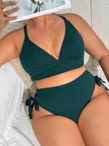 Swim Vcay Plus Size Adjustable 3D Texture Fabric Swimsuit Set, Vacation For Summer - Dark Green - View 1