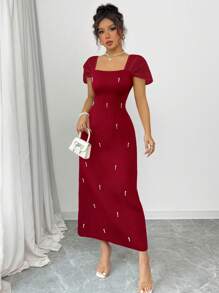 Elenzga Women's Elegant Midi-Length Pearl Embellished Dress, Spring/Summer - Burgundy - View 6