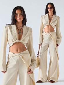 LYSMO Twist Detail Long Sleeve Cropped Blazer