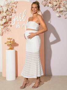 Loomaby Set de maternidad de 2 piezas - Top tubo y falda de unicolor, de moda para el verano, vestido para revelación de sexo, vestido de baby shower, vestido de maternidad - Rosa - Ver 6