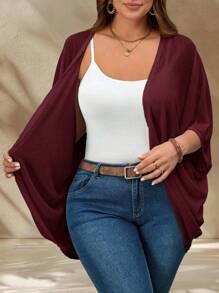 EMERY ROSE Plus Size Vacation Solid Color Asymmetric Hem Batwing Sleeve Casual Jacket,Spring/Summer Winter Fall Autumn - Burgundy - View 6
