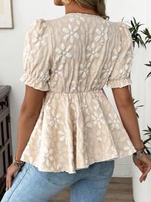 SHEIN 孕妇衬衫，短袖，系腰，褶饰，A 字形褶皱衬衫 - 杏色 - 查看 2