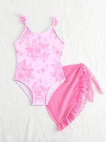 1pc Young Girl Floral Print Ruffle Skirt One-Piece Swimsuit - Multicolor - View 5