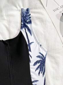 SHEIN Tween 女童 2 件套泳衣套装，热带植物印花连体拉链泳衣和短裤 - 藏蓝色 - 查看 3