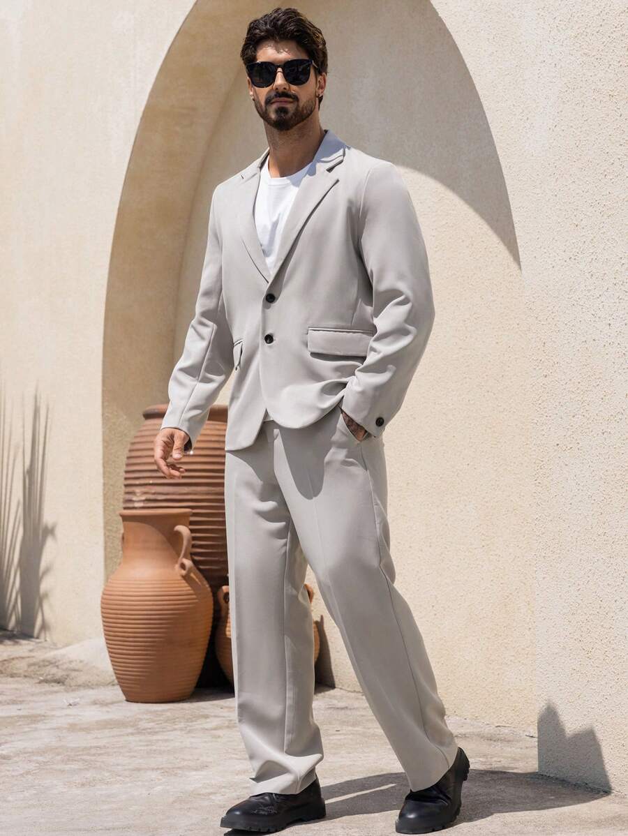 DAZY 2pcs Men Solid Color Blazer Jacket And Pants Suits,Fall Clothes - Khaki - View 1