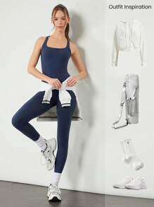 GLOWMODE 24" FeatherFit™ One And Only Tummy Control Double Crossover Back Jumpsuit Bodysuit Low Impact Yoga Pilates Studio Daily Casual Wear Removable Cups