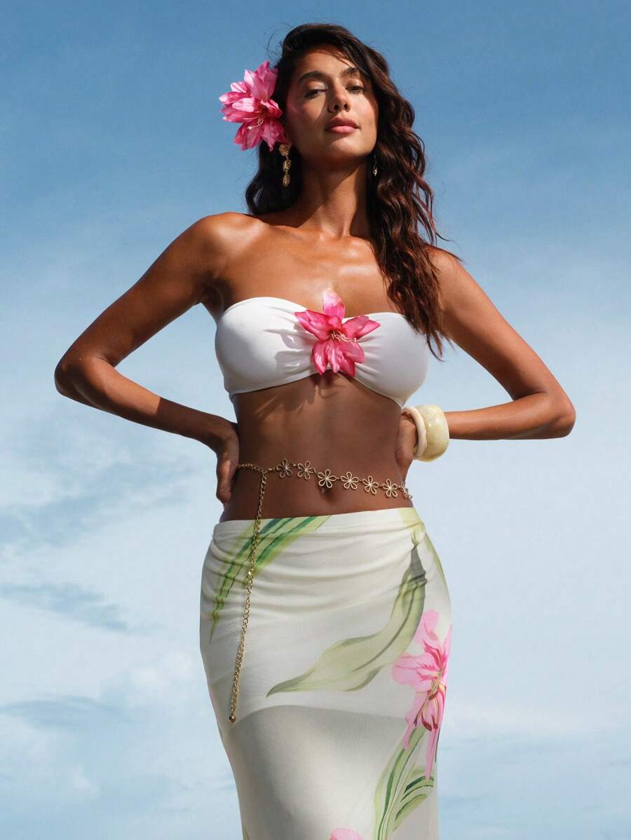 Opulessa Beach Sexy Elegant Wedding Guest Graduation Knitted Print Cropped Fitted Bandeau Top & Low-Waist Bodycon Skirt 2 Pieces Set For Women,Sexy Elegant Party,Graduation,Prom,Luxury Evening,Autumn Winter Clothes For Women,  National Day,  New Year Clothes,  Going Out Outfit,