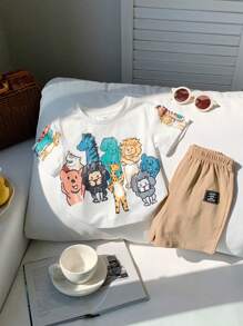 SHEIN Leap Crew 2 pièces/Set Débardeur maillots T et shorts pour bébés garçons/filles, style décontracté mignon avec imprimé animal au crayon, col rond, épaules tombantes, tricot ample. 2 pièces, tenue appropriée pour le printemps et l'été, pour porter à l'intérieur et à l'extérieur - Kaki - Voir 3