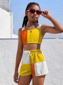 SHEIN Tween Girls 2pcs Contrast Color Splicing Crop Top And Shorts Set - Multicolor - View 4