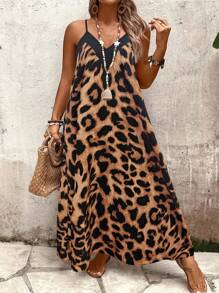 SHEIN Holidaya Plus Size Women Leopard Print Loose Plus Size Dress, Summer - Brown - View 6