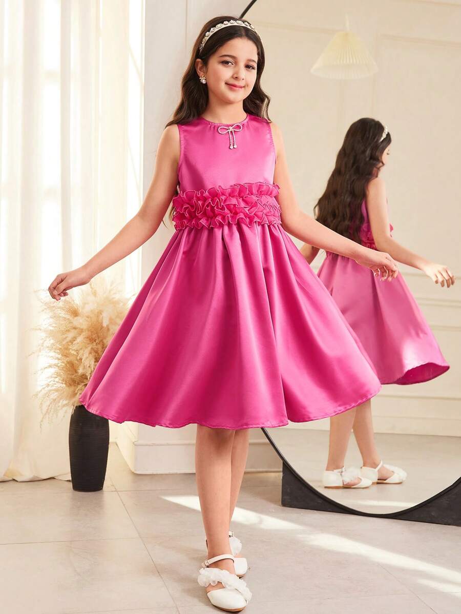 SHEIN Tween Girls' Elegant Bow Embellished Sleeveless Frill Trim Fitted Chiffon Dress, Spring/Summer - Hot Pink - View 1